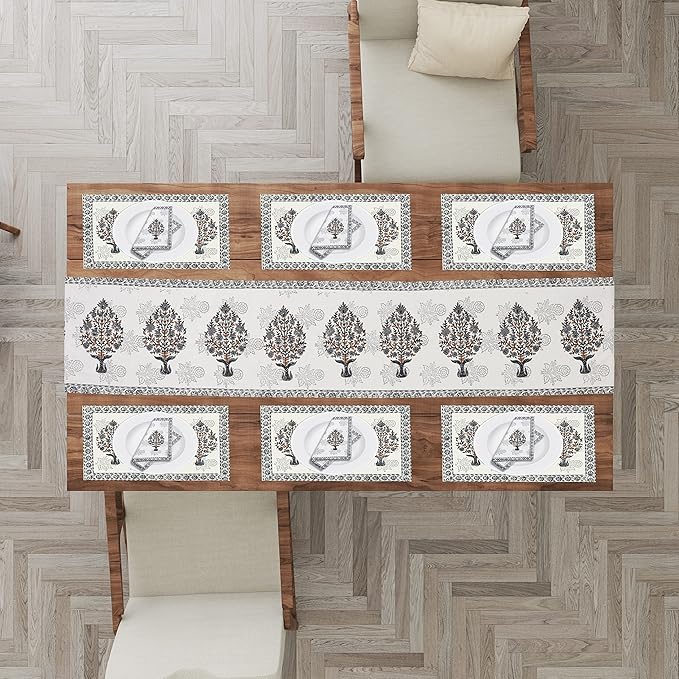 Blocks Of India Hand Block Printed Cotton Table Runner Mat and Napkin Set for Center Grey Buta
