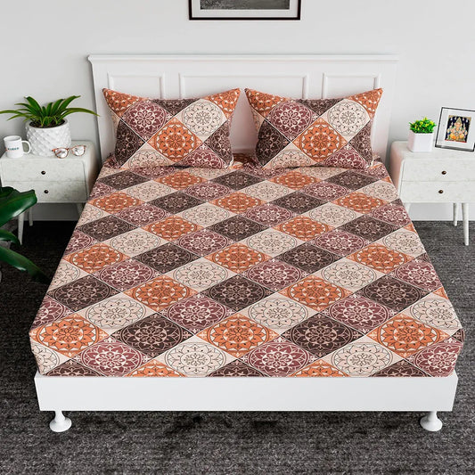 Kuber Industries Cotton Fitted Bedsheets For Double Bed With 2 Pillow Covers Brown