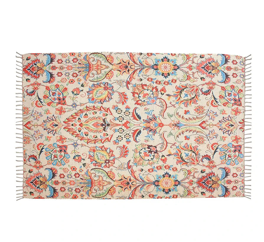 Homadorn Handmade Sustainable Printed Modern Dhurrie/Rugs/Carpet Colour Off white