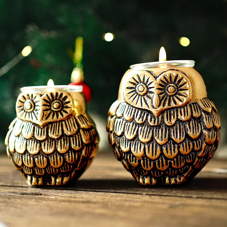 BEHOMA Aluminium Owls with Votives Set of Mother and Child | Statue for Home Decor Tabletop Living Room | Candle Holder Gift Showpiece for Mothers Day, Birthday, Anniversary | Votives Candle Included