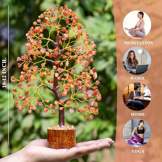 HindCraft Carnelian Chakra Crystal Tree Good Luck Golden Wire 10-12 inch