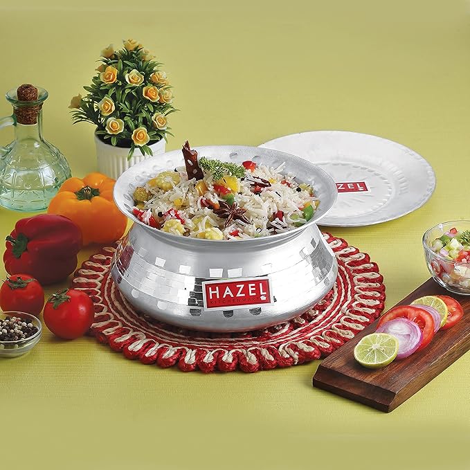 Hazel Aluminium Handi with Lid 24 cm with 3200 ml Capacity Machine Hammered Finish