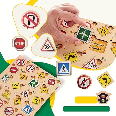Zudo Wooden Montessori Educational Pre-School Puzzle Board Toy for Boys and Girl Traffic Symbol