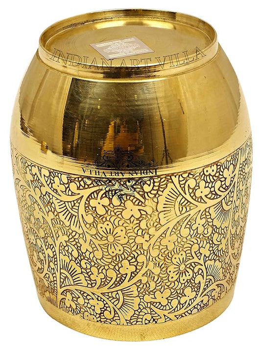 Indian Art Villa Embossed Flower Design Brass Glass Tumbler Cup - 164 gms