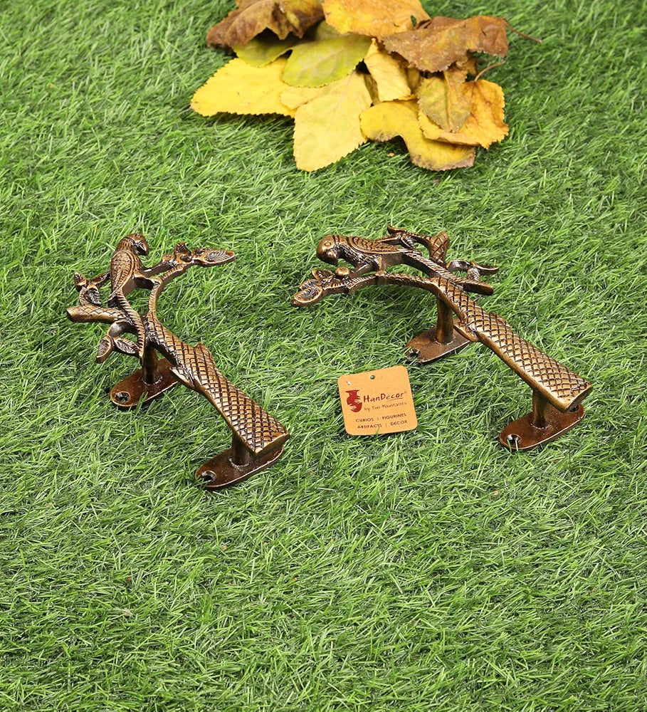 Two Moustaches Brass Parrot on Tree Design 8 Inches Brass Door Handle Pair