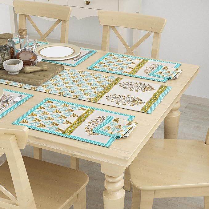 Blocks Of India Hand Block Printed Cotton Table Runner Mat and Napkin Grey Jaal