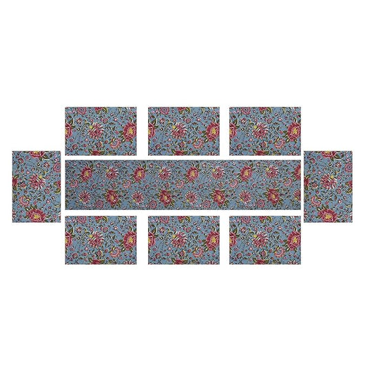 Texstylers Cotton Canvas Block Printed Jaipuri Rajasthani 1 Table Runner and 8 Placemat Set Red Green