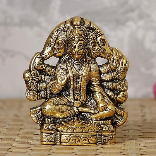 Ecraftindia Golden Metal Lord Panchmukhi Hanuman Statue Bajrangbali Religious Idol