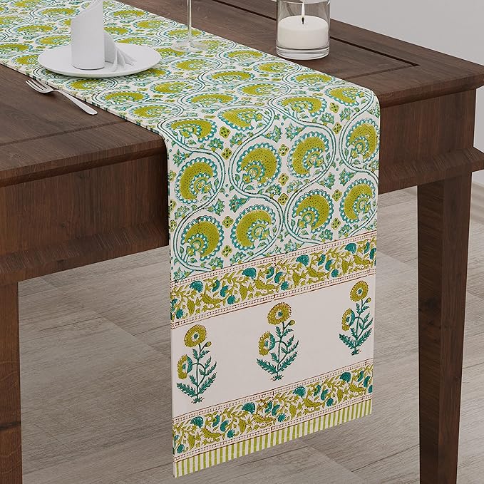Blocks Of India Cotton Hand Block Printed Table Runner for Center Dining Table Green Motifs