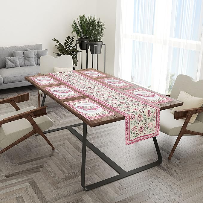 Blocks Of India Hand Block Printed Cotton Table Runner Mat And Napkin Pink Jaal Large