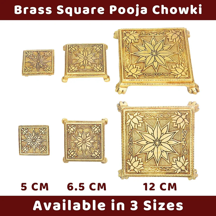 anciently Brass Pooja Chowki Square with Flower Design | Sqaure Brass Chowki for Puja, Brass, Gold Colour, 1 Piece
