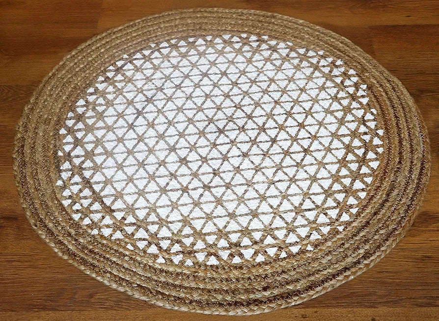The Home Talk Natural Handcrafted Braided Round Jute Rug 80 cm Traditional Carpet Beige & White