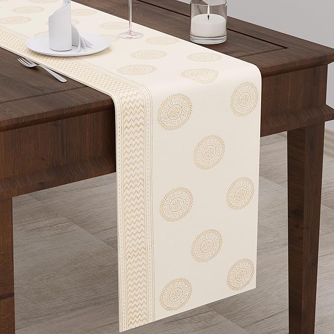Blocks Of India Hand Block Printed Cotton Table Runner for Center Dining Table Gold Circle