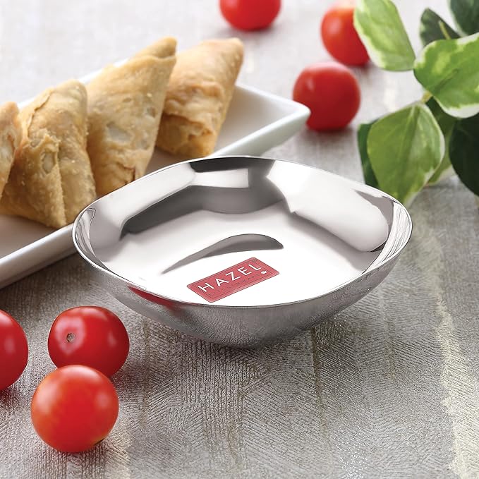 Hazel Steel Dessert Silver Plate Square Shaped Steel Plate for Snacks 450 ml Each Silver Colour