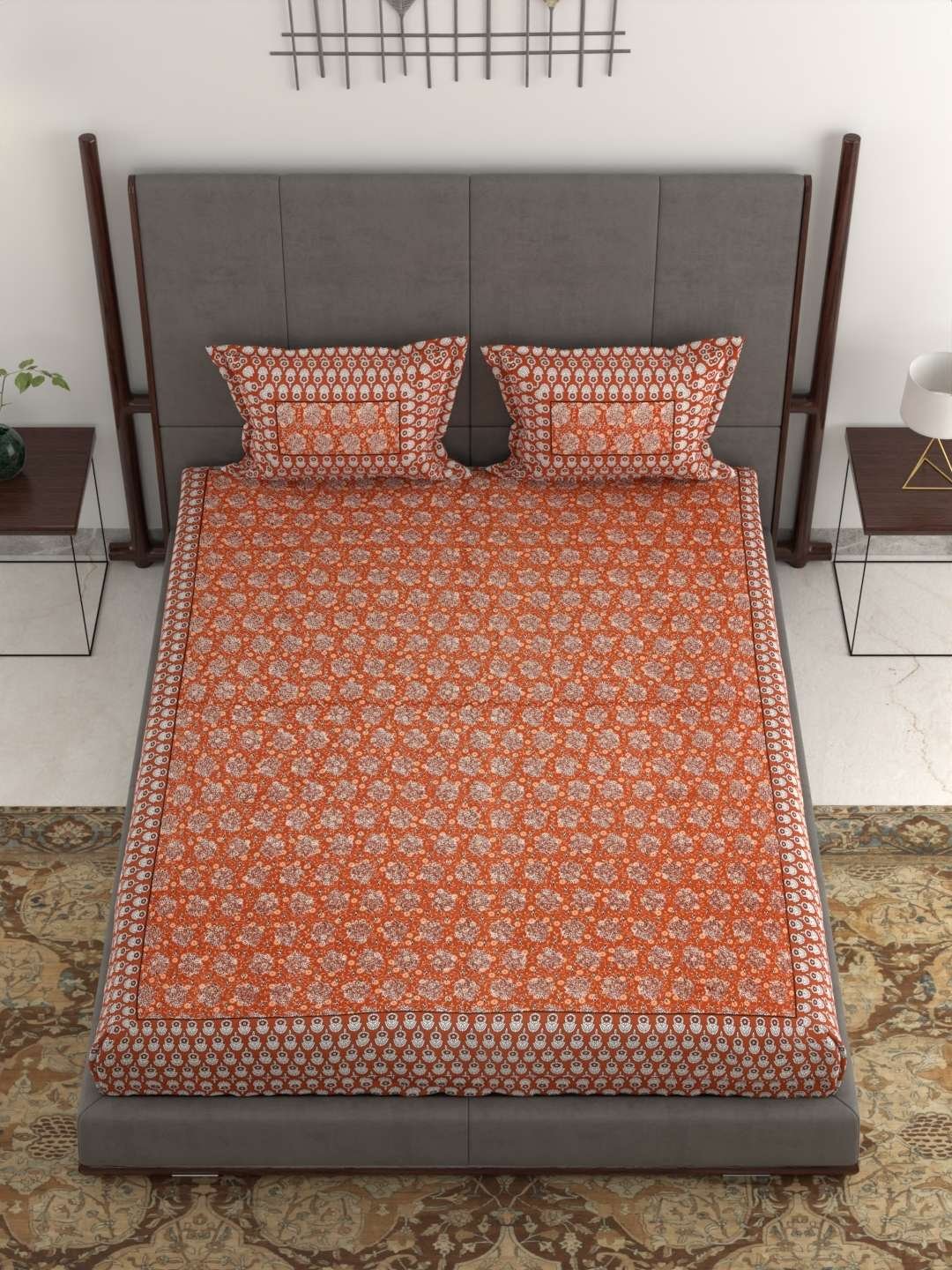 100% Pure Cotton Traditional Printed Bedsheet for Double Bed King Size Bedsheet with 2 Pillow Covers