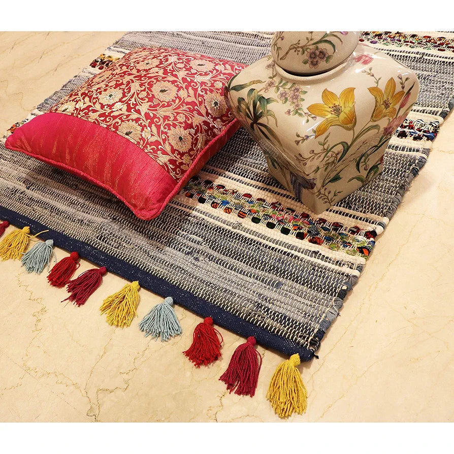 The Home Talk Cotton Chindi Rug Denim Carpets for Living Room Hallway Bedroom Denim Blue