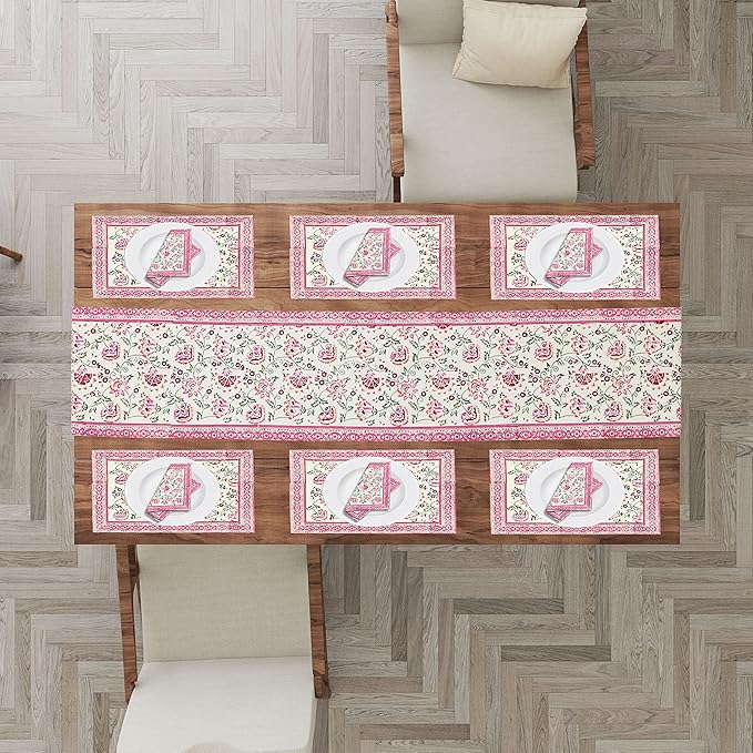 Blocks Of India Hand Block Printed Cotton Table Runner Mat And Napkin Pink Jaal Large