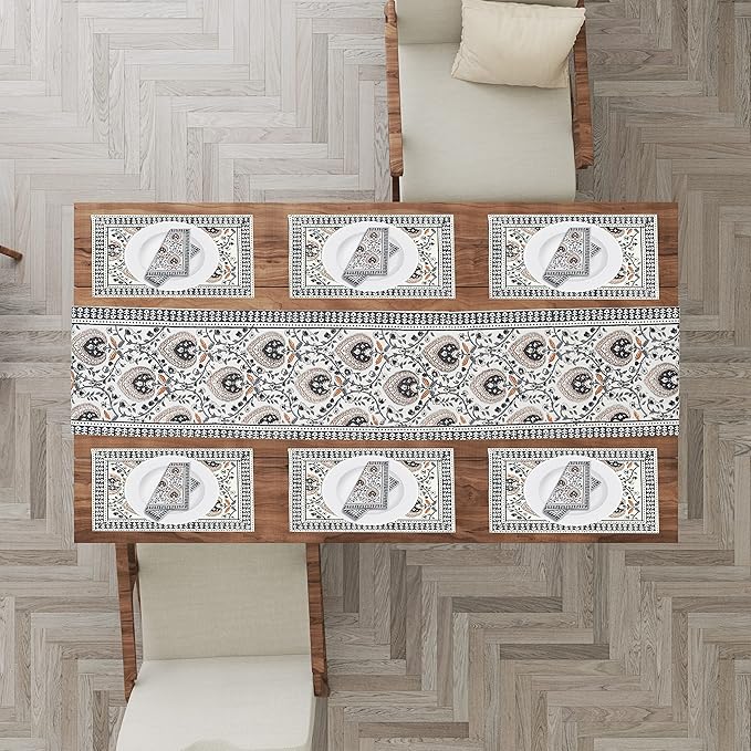 Blocks Of India Hand Block Printed Cotton Table Runner Mat And Napkin Brown Jaal Large