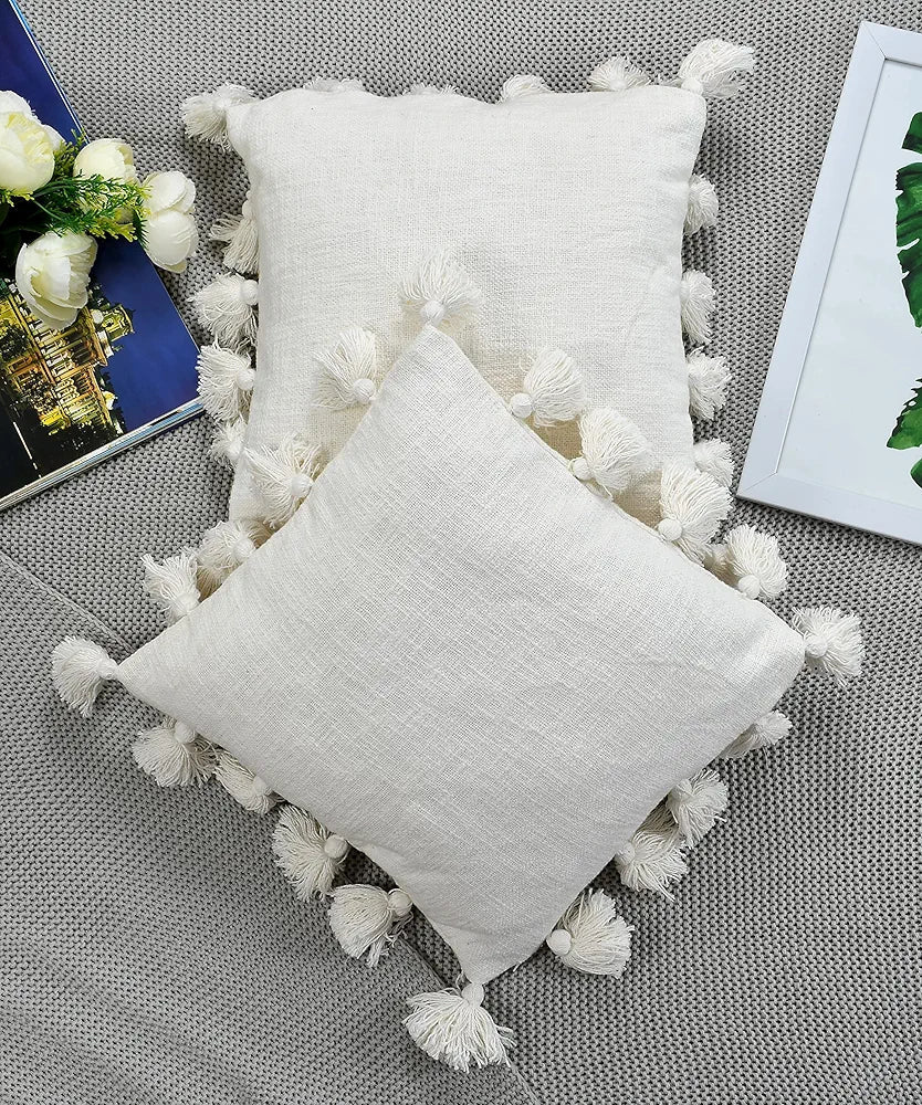 Homadorn Luxury Cotton Handmade Decorative Boho Throw Pillow Covers Colour White