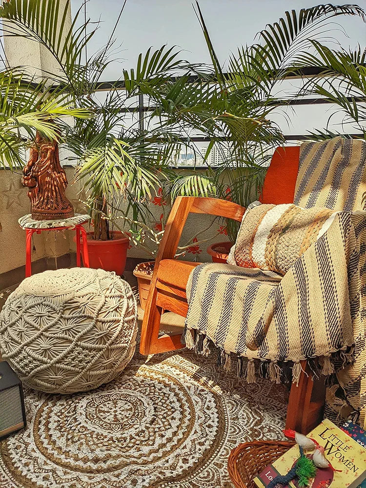 Sashaa World Striped Throw Medium with Tasselled Edges Colour Charcoal