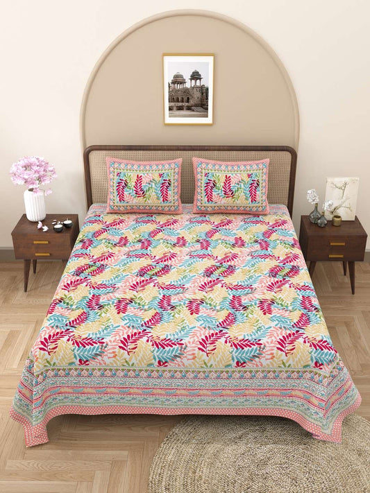 100% Pure Cotton Traditional Printed Bedsheet for Double Bed King Size Bedsheet with 2 Pillow Covers