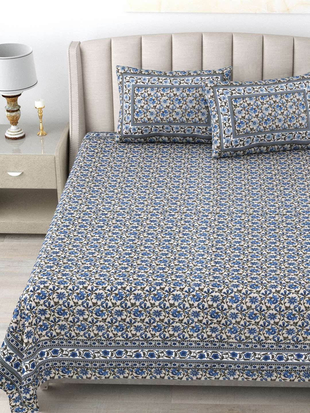 100% Pure Cotton Traditional Printed Bedsheet for Double Bed King Size Bedsheet with 2 Pillow Covers