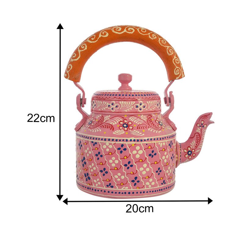 Alluminium Hand-Painted Pink Tea Kettle & 4-Glass Set with Wooden Serving Cart