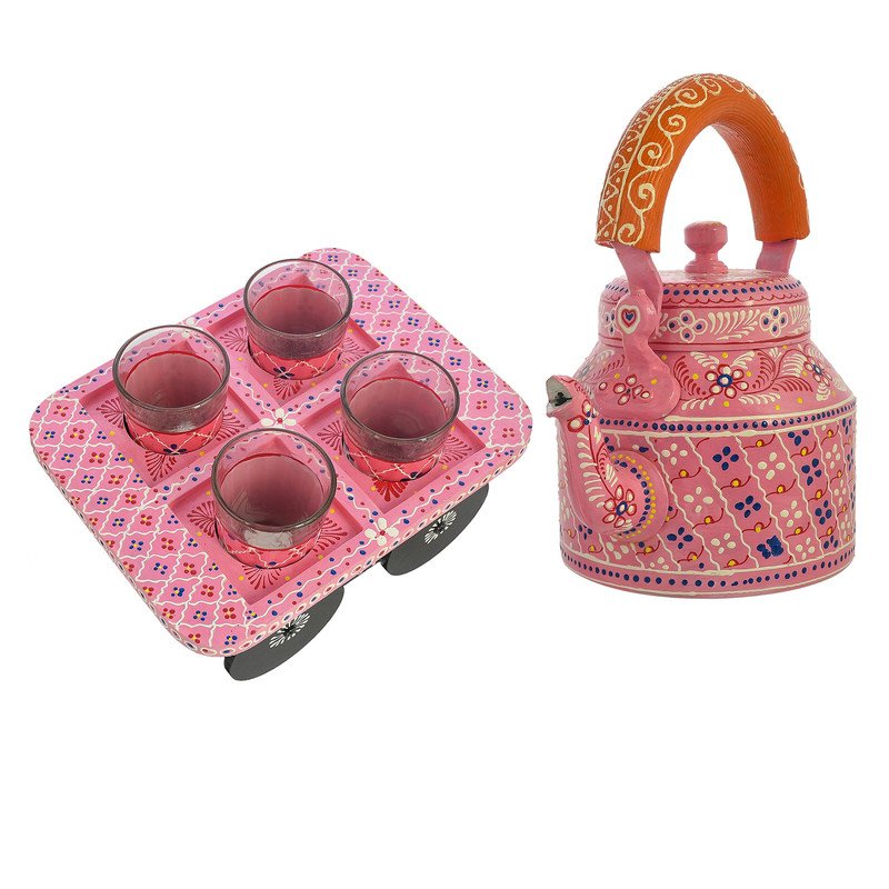 Alluminium Hand-Painted Pink Tea Kettle & 4-Glass Set with Wooden Serving Cart