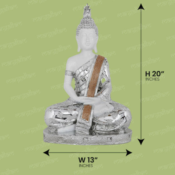 Svastika Silver & White Meditating Buddha Statue