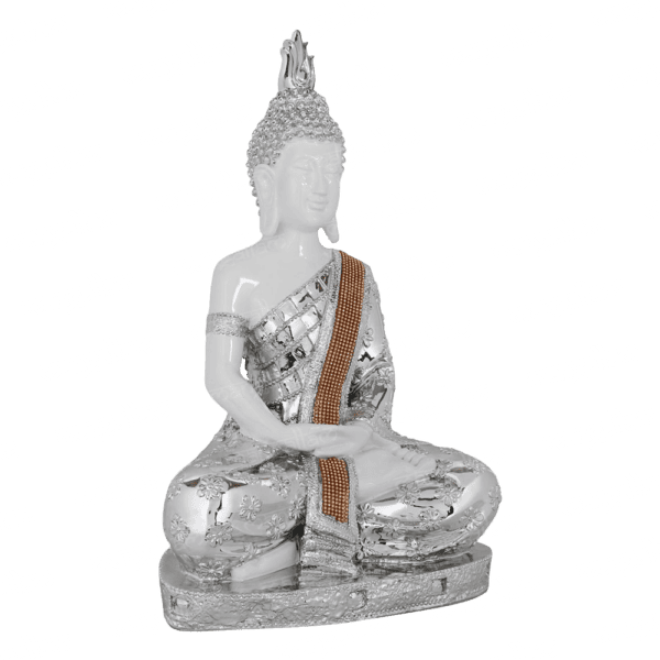 Svastika Silver & White Meditating Buddha Statue