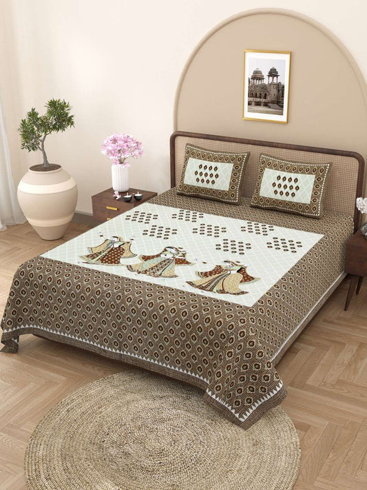 100% Pure Cotton Traditional Printed Bedsheet for Double Bed King Size Bedsheet with 2 Pillow Covers