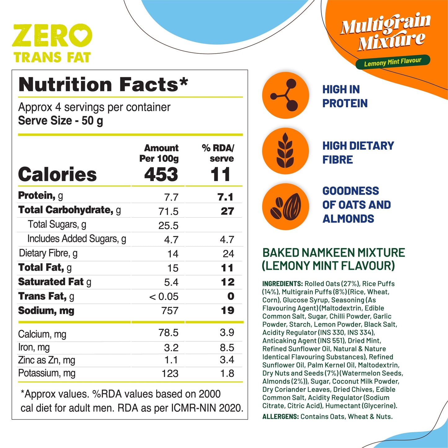 Lemony Mint Multigrain Mixture (Pack of 2 - 180G x 2) High Fibre, Loaded with Nuts & Seeds