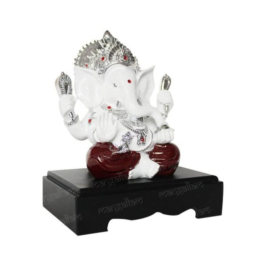 Svastika White & Red Ganesha Idol with Wooden Base – 9.5 Inch