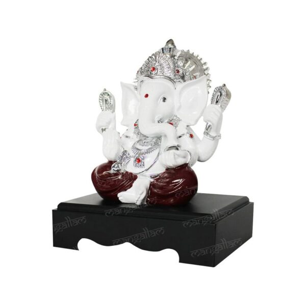 Svastika White & Red Ganesha Idol with Wooden Base – 9.5 Inch
