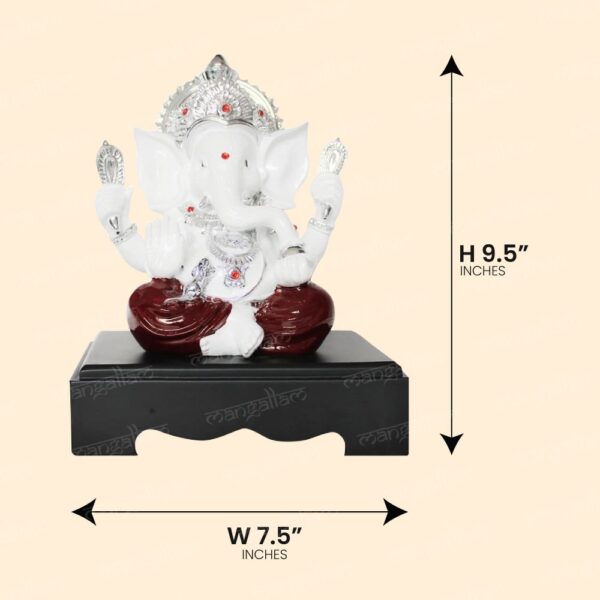 Svastika White & Red Ganesha Idol with Wooden Base – 9.5 Inch