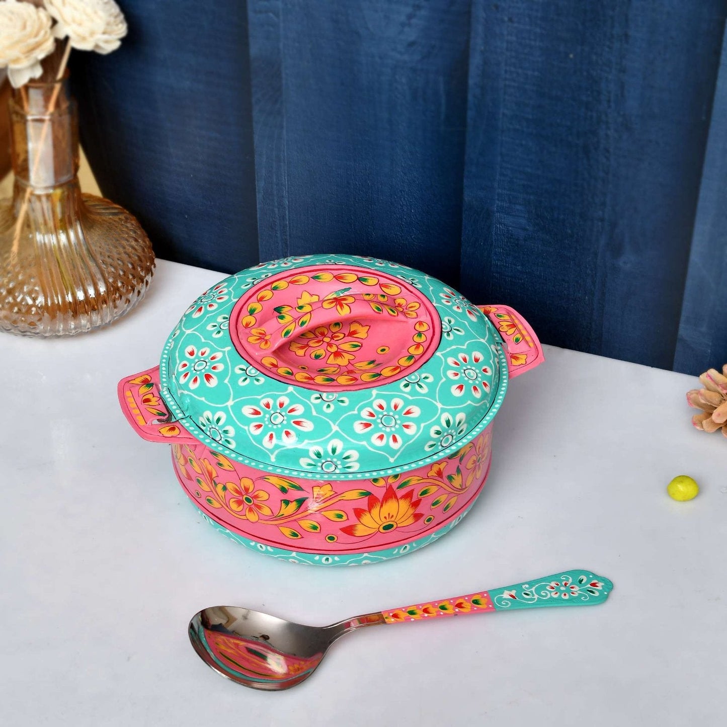 Premium Hand-Painted Pink & Teal Hot Case Casserole with Floral Design