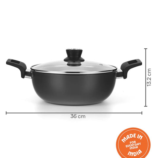 Borosil Hard Anodized 22cm 2L Deep Kadhai with Glass Lid