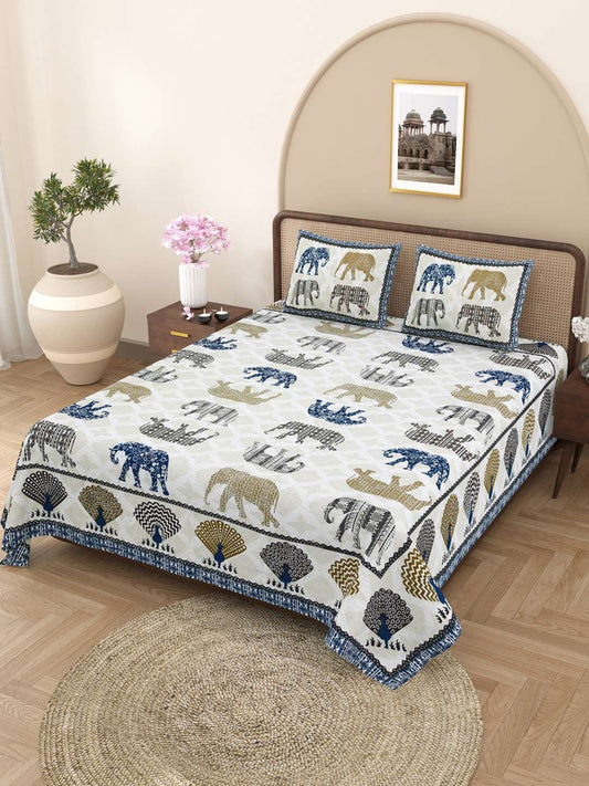 100% Pure Cotton Traditional Printed Bedsheet for Double Bed King Size Bedsheet with 2 Pillow Covers