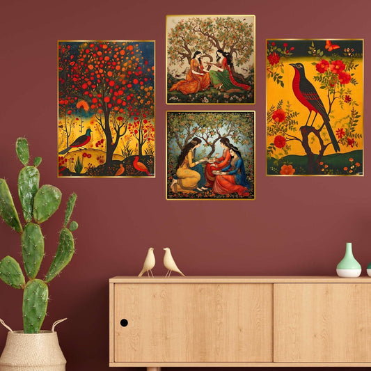 Set of Four Wall Paintings for Wall Dacoration Golden Framed Wall Paintings for Living Room & Bedroom Wall Art for Home Decoration & Office Wall Décor (13×10 inch CH-GD4-13)