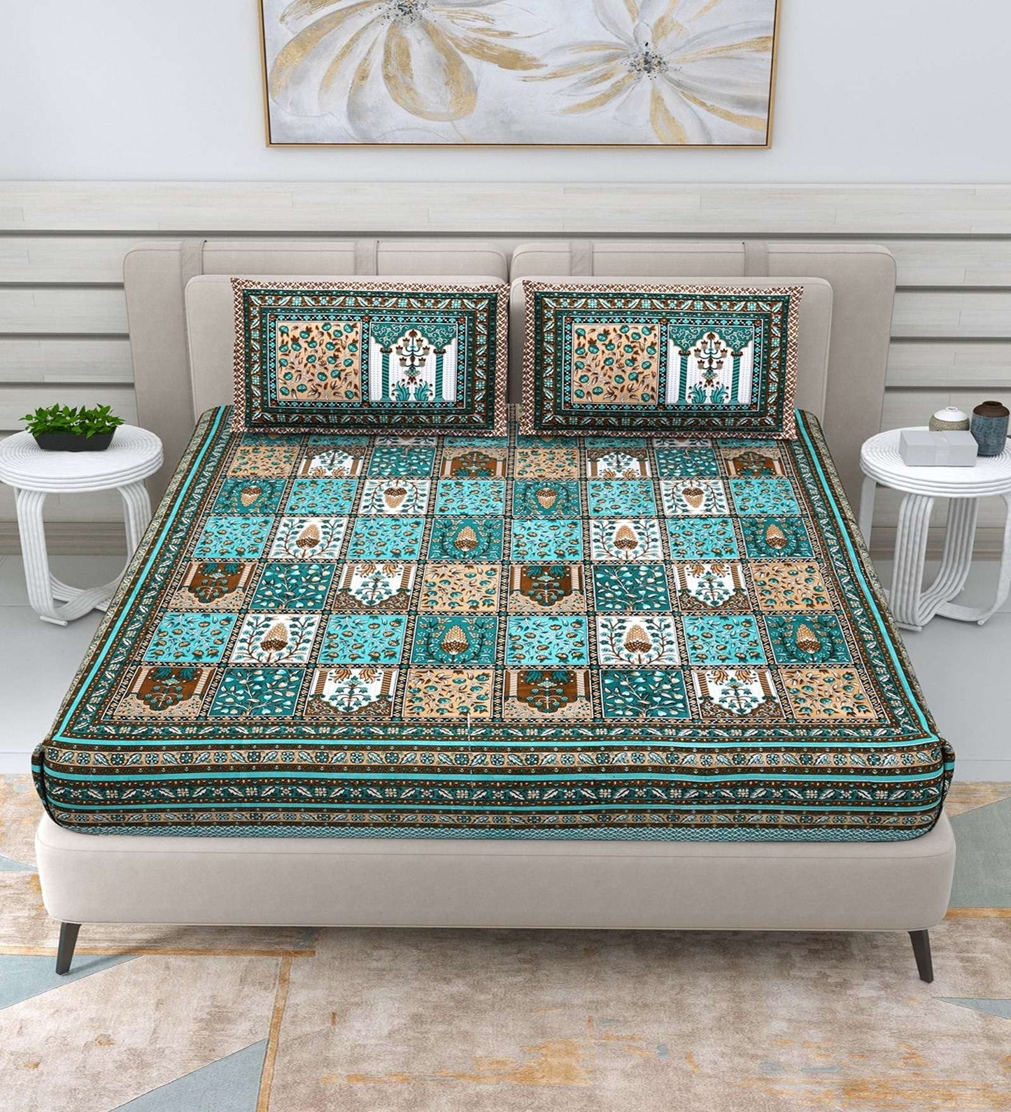 100% Pure Cotton Traditional Printed Bedsheet for Double Bed King Size Bedsheet with 2 Pillow Covers