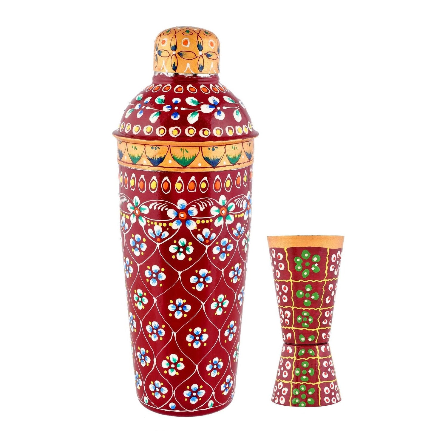 Aluminum Hand-Painted Red Aluminium Water Bottle & Glass Set with Floral Design