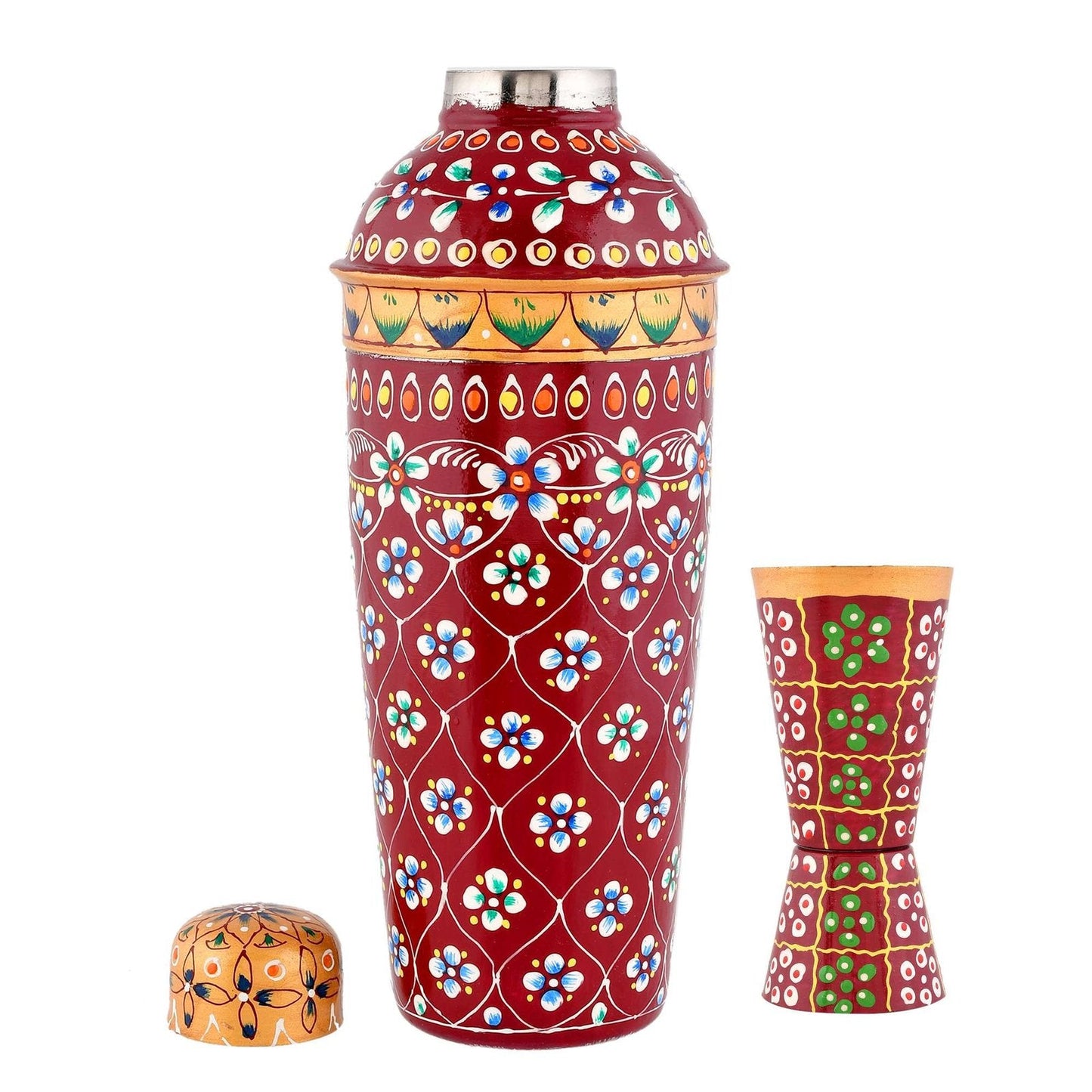 Aluminum Hand-Painted Red Aluminium Water Bottle & Glass Set with Floral Design