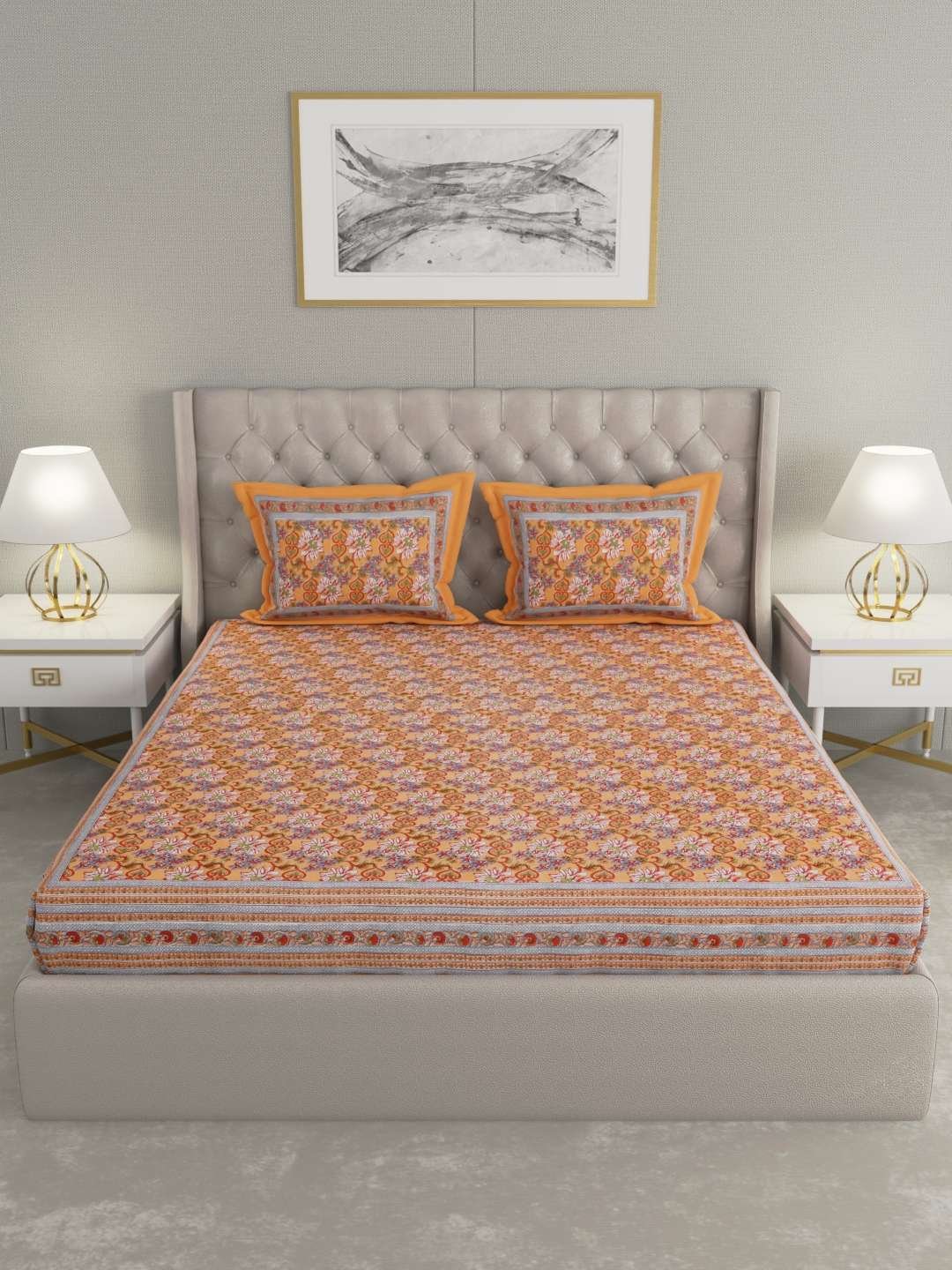100% Pure Cotton Traditional Printed Bedsheet for Double Bed King Size Bedsheet with 2 Pillow Covers