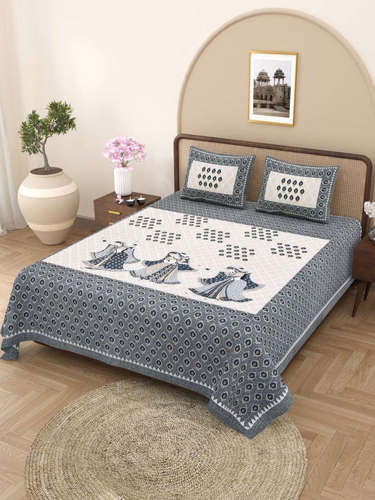 100% Pure Cotton Traditional Printed Bedsheet for Double Bed King Size Bedsheet with 2 Pillow Covers