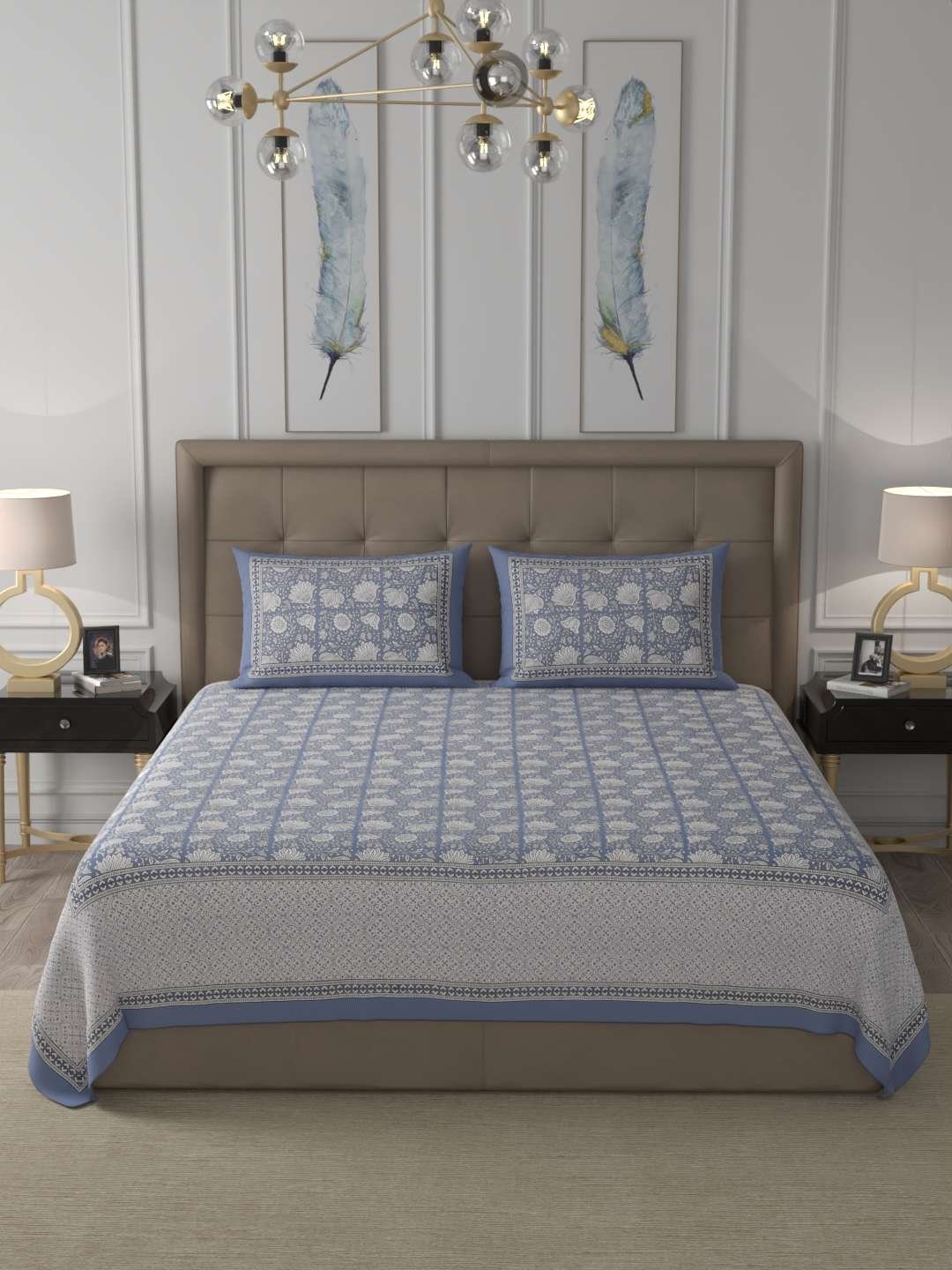 100% Pure Cotton Traditional Printed Bedsheet for Double Bed King Size Bedsheet with 2 Pillow Covers