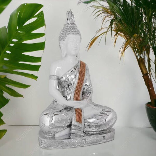 Svastika Silver & White Meditating Buddha Statue