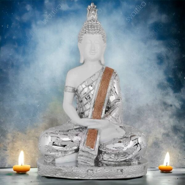 Svastika Silver & White Meditating Buddha Statue