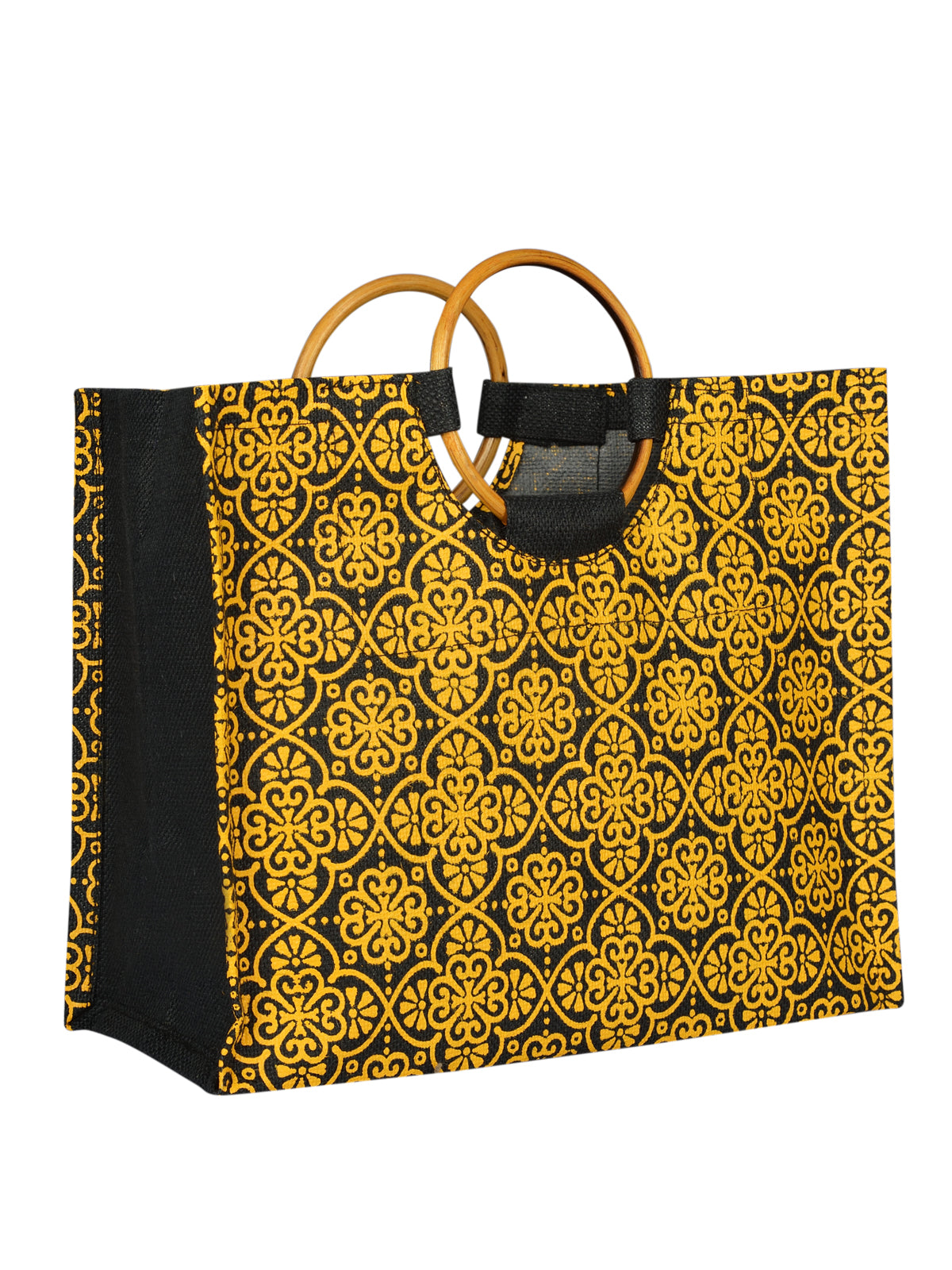 Jute Cottage Mughal Print Lunch Bag Cane Handle 100% Genuine Jute Bag