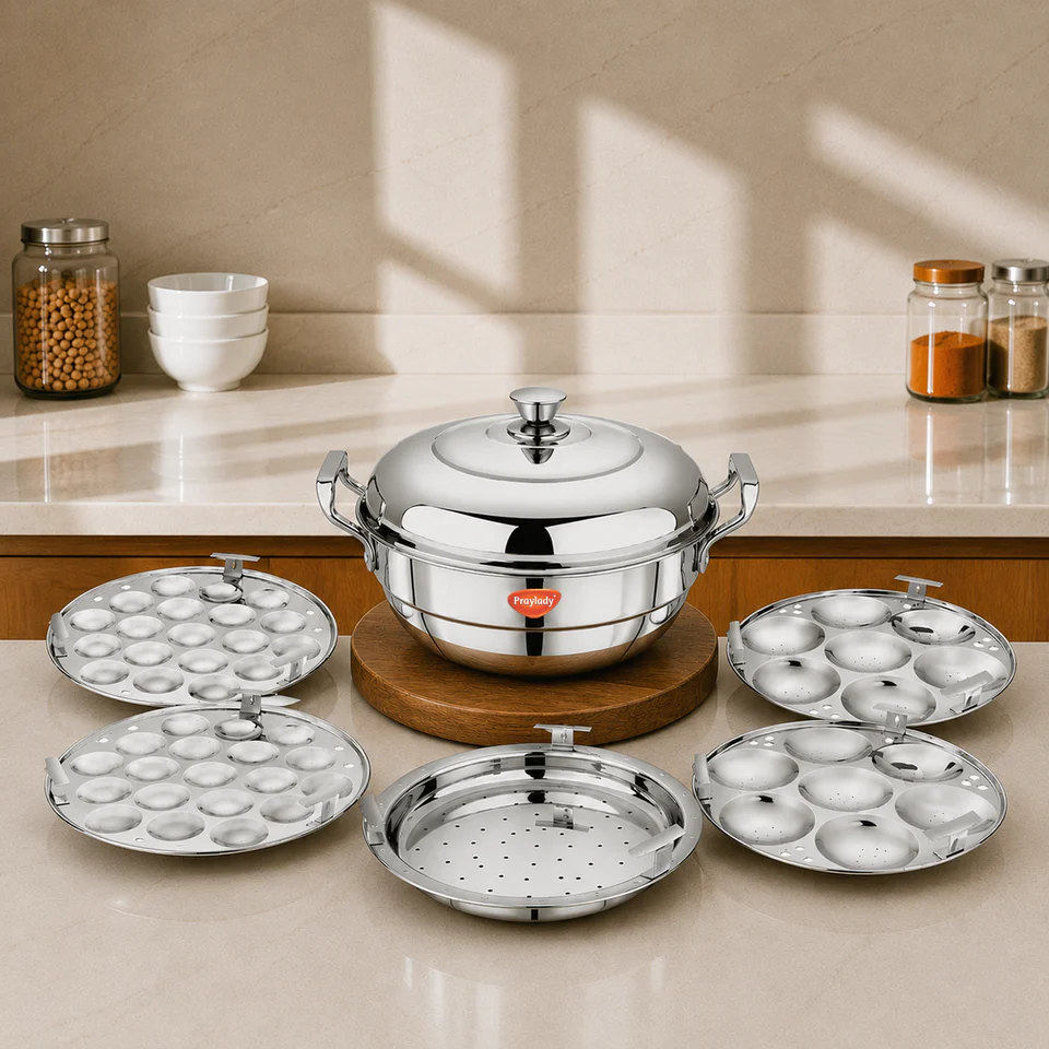 PrayLady Triplus Triply SS Multi Kadai 5 Plates (2 Idli+2 Mini Idli+1 Steamer) Induction Gas