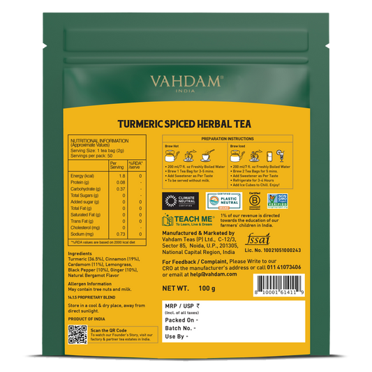 Turmeric Spiced Herbal Tea Tisane, 50 Count